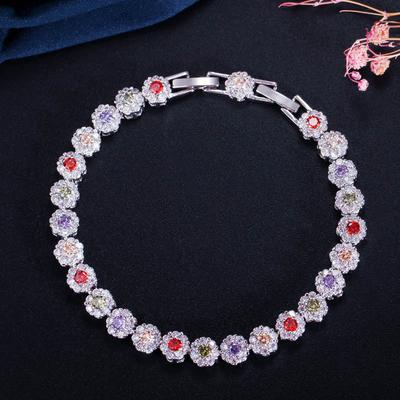 Pera Sparkling Colorful Cubic Zirconia Silver Color Cute Flower Chain Link Bracelets for Women Prom Party Jewelry Gift B153