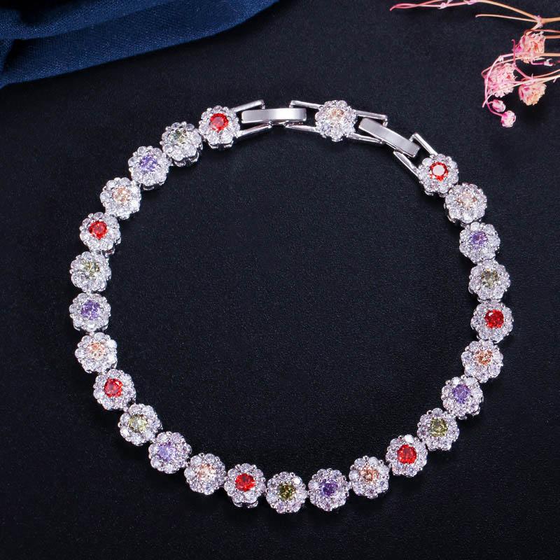 

Pera Sparkling Colorful Cubic Zirconia Silver Color Cute Flower Chain Link Bracelets for Women Prom Party Jewelry Gift B153