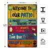 "Welcome To Our Patio" - Colorful, Rustic Decor for Backyard & Poolside Bar - Features Funny Summer Phrases with Icons
