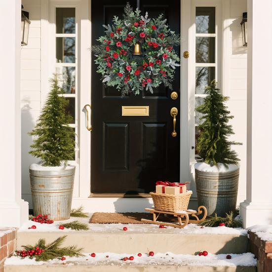 Christmas Wreath with Golden Bell Front Door Garland Waterproof Red Rose Petals Pine Cones Festive Holiday Decoration
