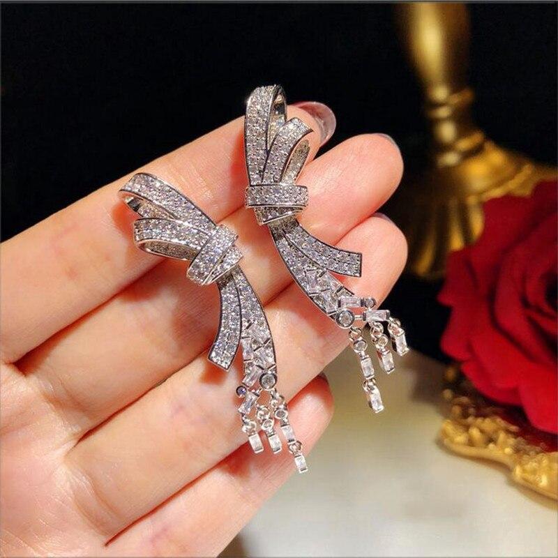Classical Bow Dangle Earring Sparkling Jewelry 925 Sterling Silver Full White Clear CZ Crystal Women Wedding Long Tassel Earring