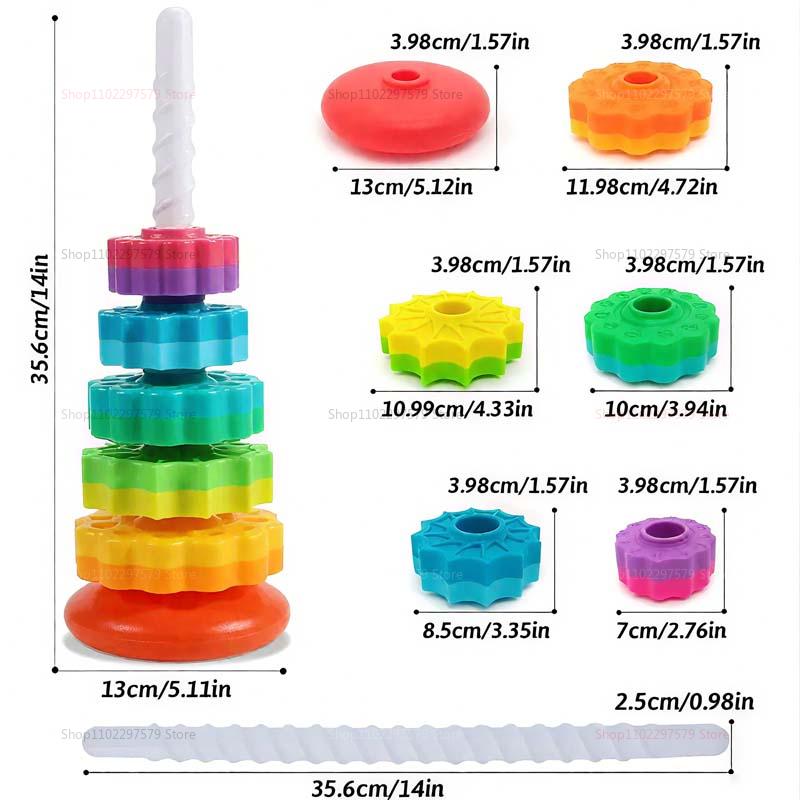 Montessori Rotating Rainbow Tower Baby Stacking Puzzle Toy Colorful Educational Gift Safe Environment Friendly Toddler Play Ramp
