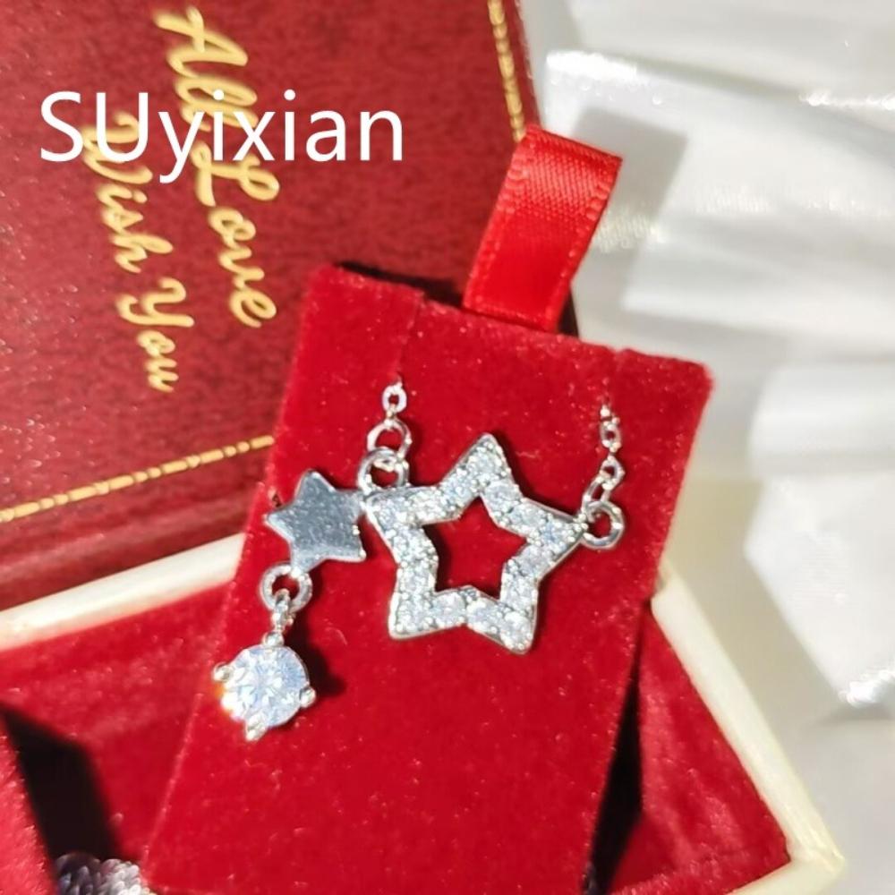 925 Sterling Silver Stylish Simple Hollow Star Zircon Pendant Necklace Birthday Party Anniversary Gift