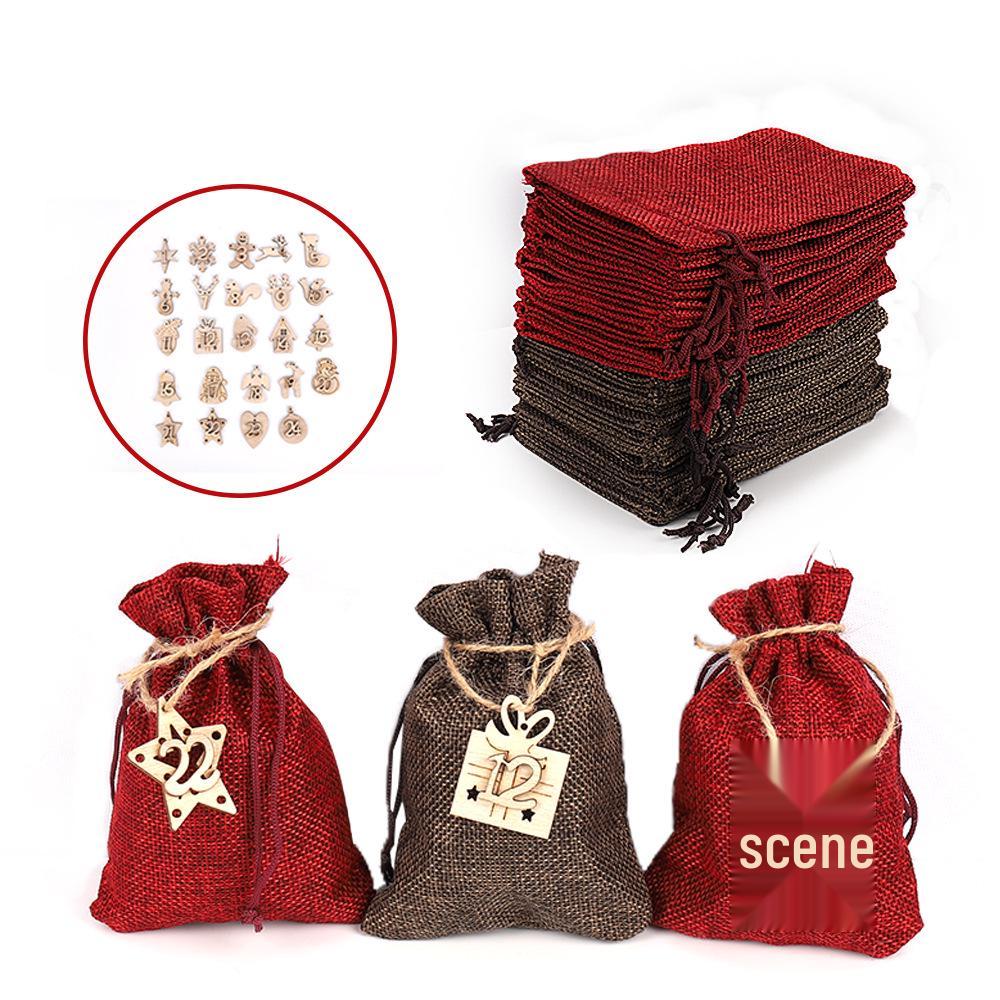 Christmas Countdown Burlap Gift Bag Set with Wooden Tags