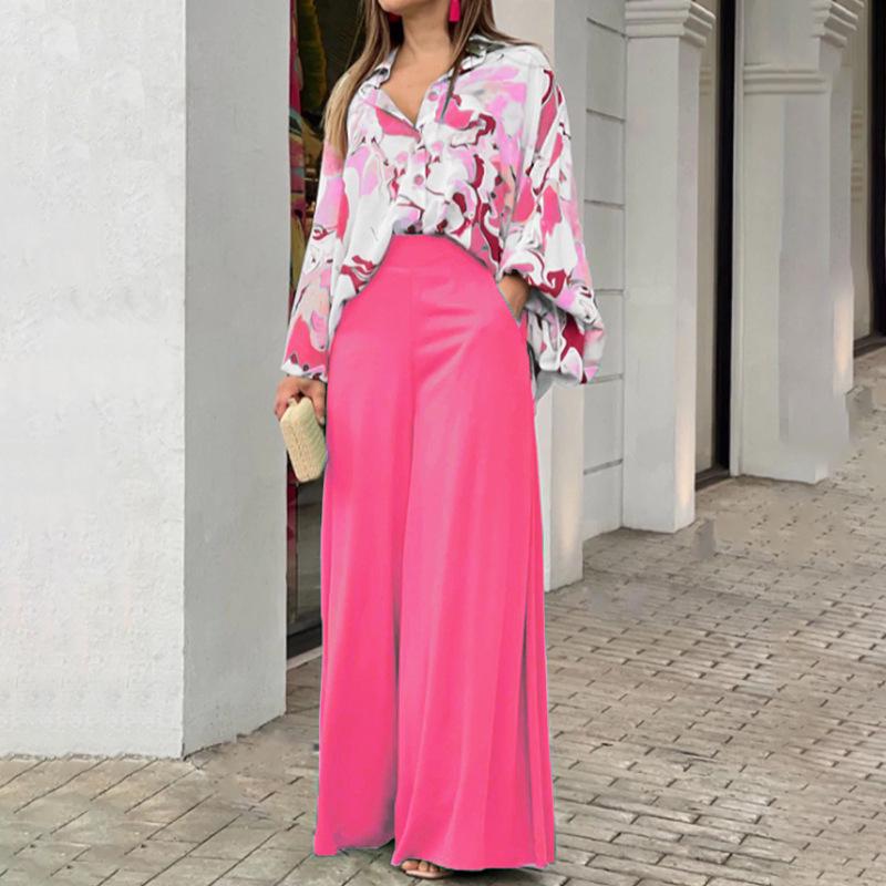 Spring 2026 Women s Elegant Printed Shirt & Wide-Leg Pants Casual Set L розовый