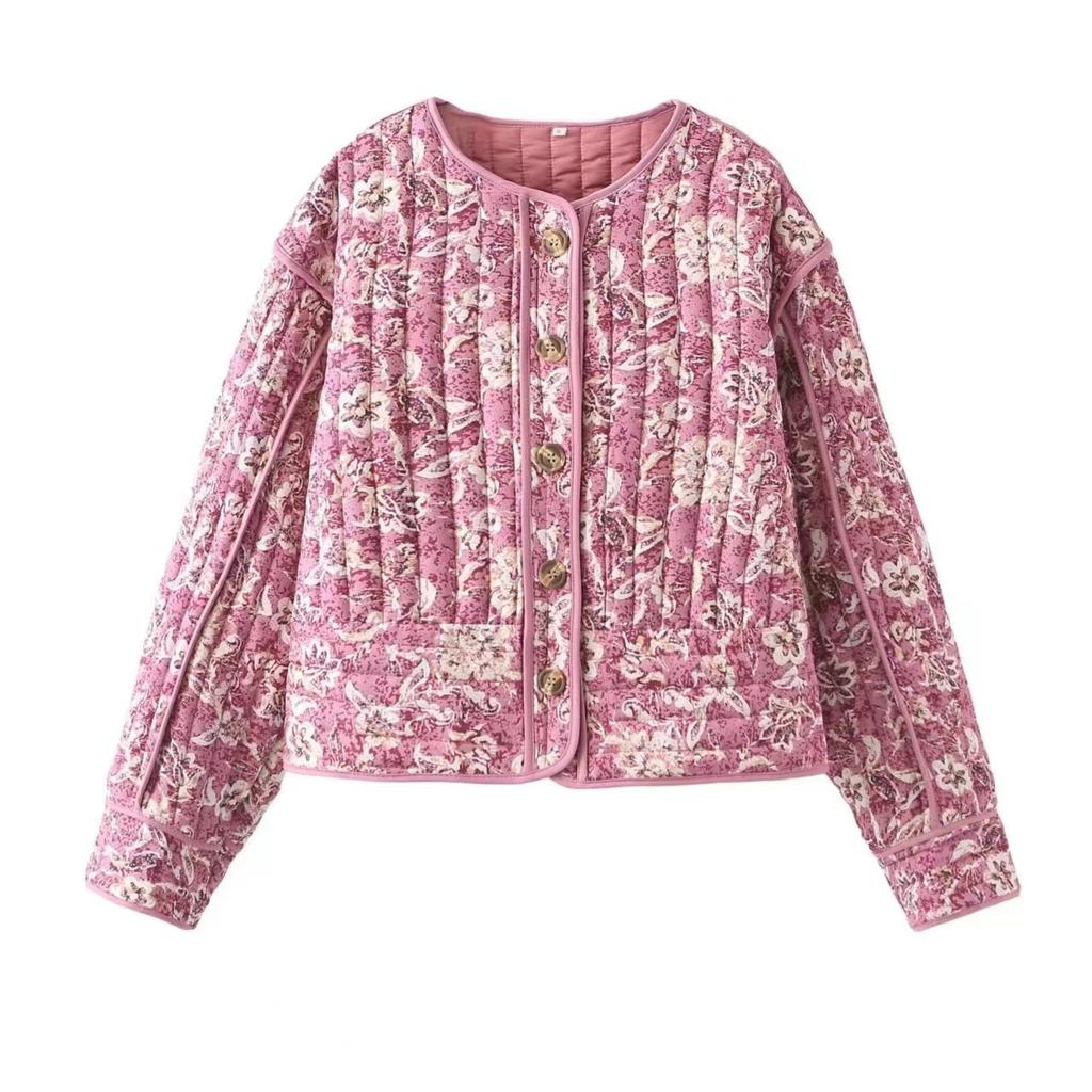 Giacca da Donna con Stampa Floreale Moda Manica Lunga Vintage Autunno Inverno Cappotti Caldi Casual Quotidiano Scollo a O Cappotto Trapuntato Chic