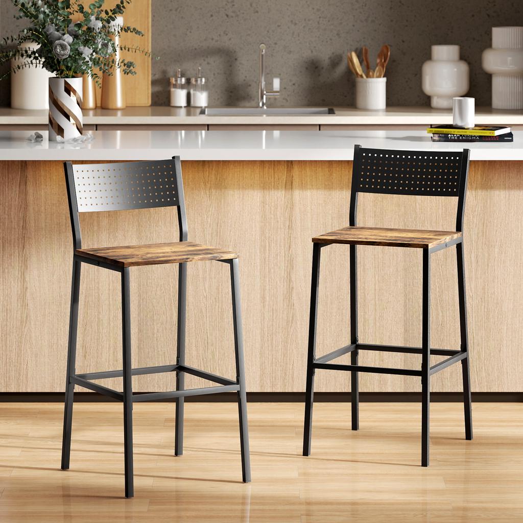 Set of 2 Bar Stools with Backrest and Integrated Footrest In Industrial Style, Rustic Brown