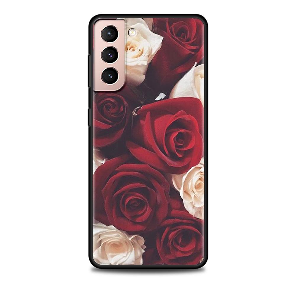 Pink Rose Bling Print Case for Samsung Galaxy S20 FE S21 S22 Ultra S10 Plus S9 S8 S10e S7 Edge Silicone Black Soft Phone Cover