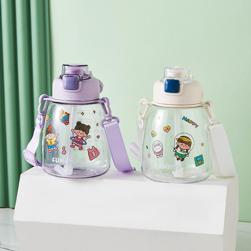 Kids Straw Cup Pot Belly Cup Student Cute Plastic Cup Cartoon Water Cup Outdoor Sports Portable Water Bottle