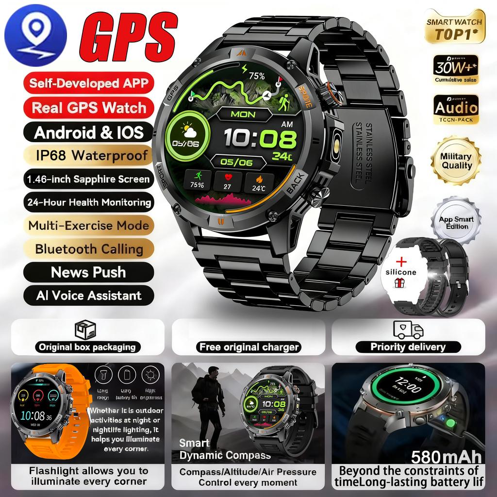 New Military Outdoor Dual-Band GPS Track Smartwatch Men Bluetooth Call Compass Swimming Grade 5ATM Waterproof Smart Watches