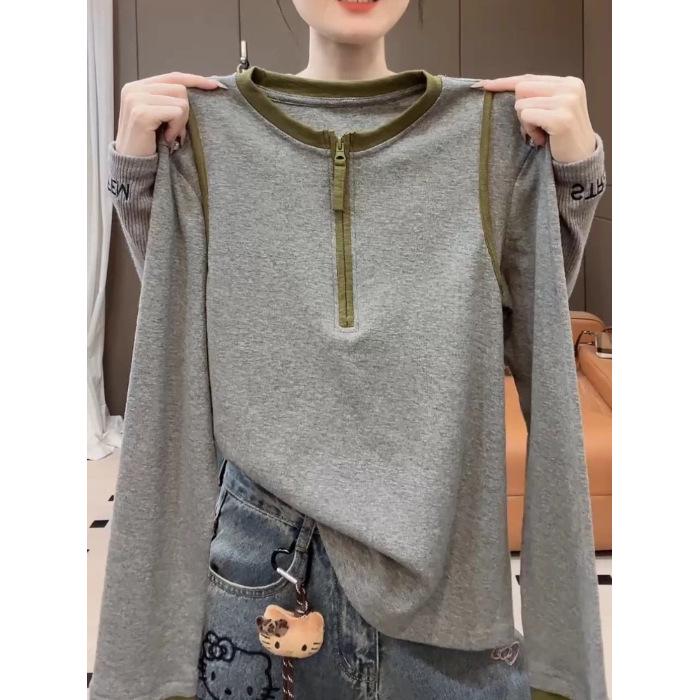 

Plus Size Color Block Half-Zip Long Sleeve Cotton T-shirt for Women Medium серый