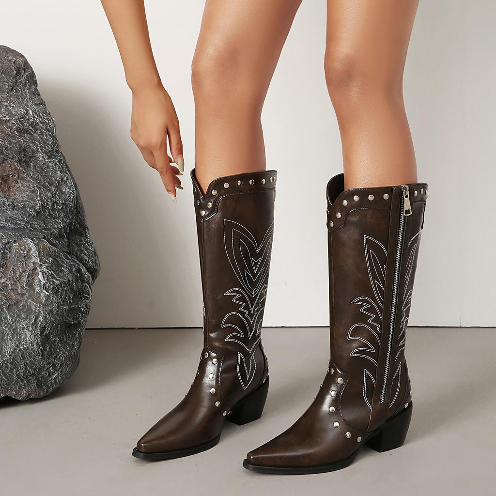 Krazing Po Microfiber Winter Pointed Toe Western Boots Size 43 Metal Rivets Embroidery Thick Heels Mid-calf Boots