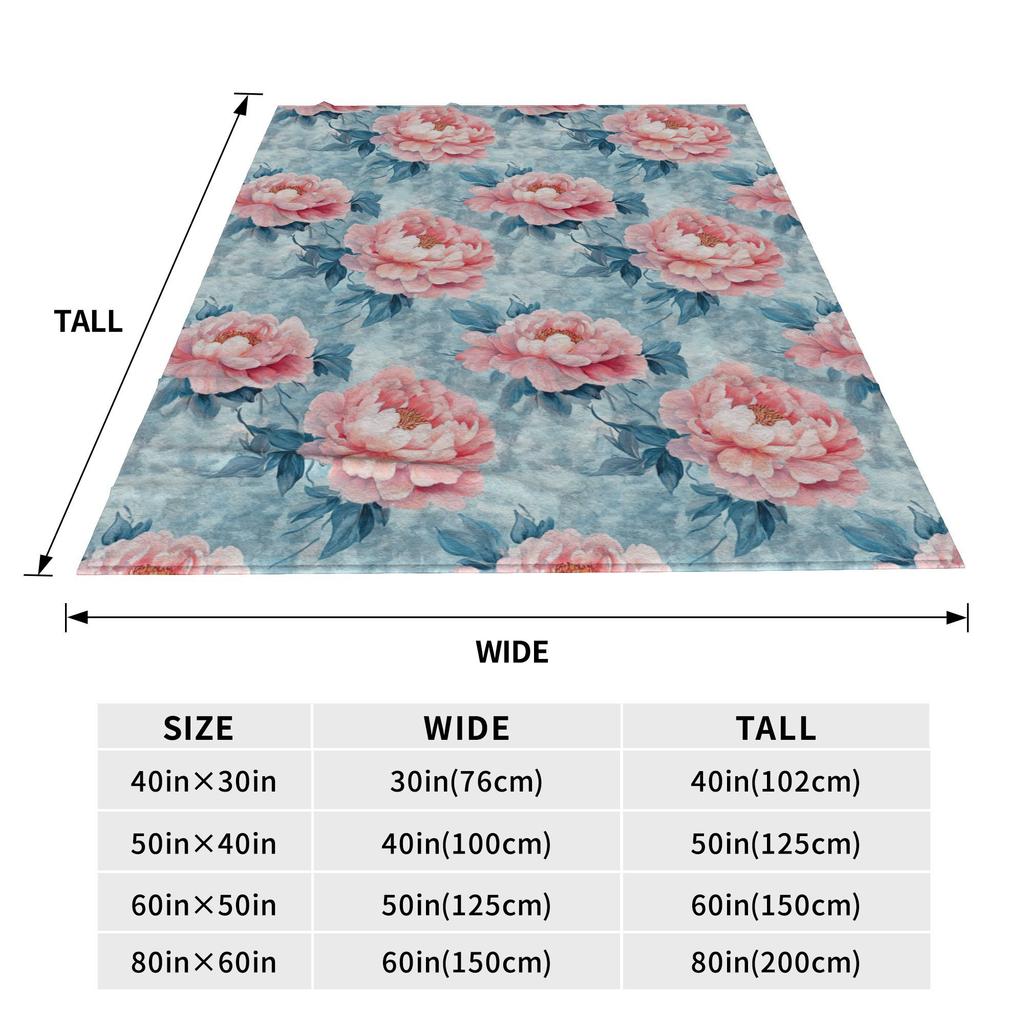 Blush Peonies On Sky Blue Background Blankets Flannel Sofa Throw Blanket for Couch Bedding Office Throws Bedspread Quilt