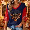 Women's V-Neck Casual Top with Halloween Print and Three-Quarter Sleeves