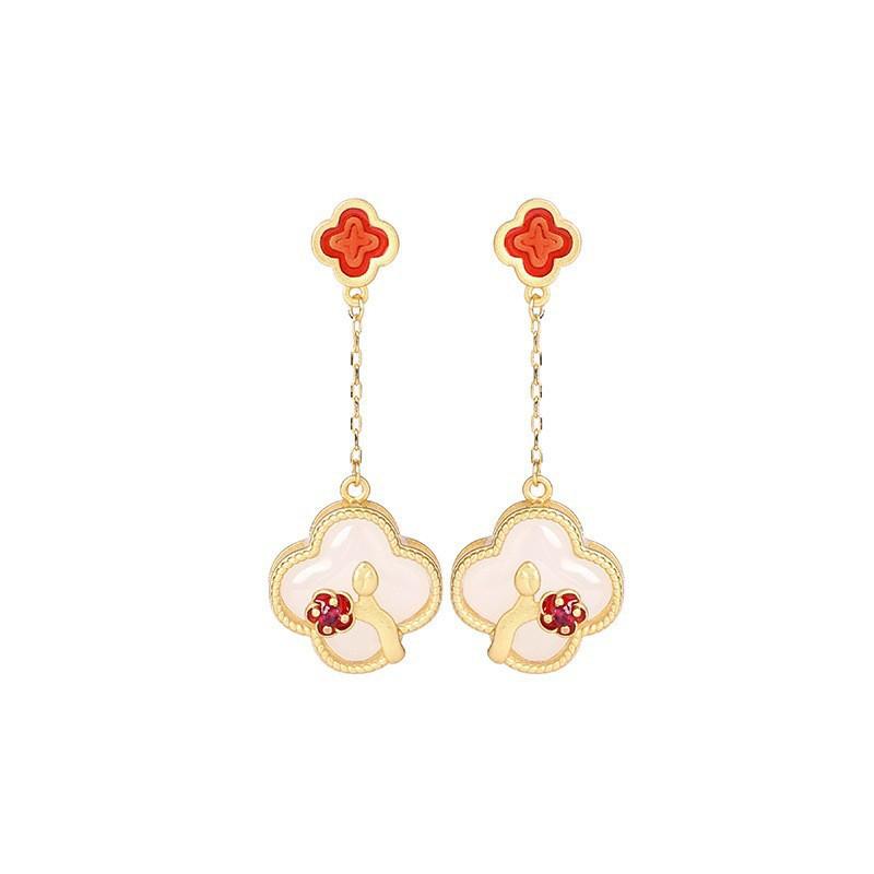 Elegant Chinese-Inspired Gold-Plated Clover Jewelry Set With Faux Jade Stones Women O-Chain Necklace Earrings Pendant