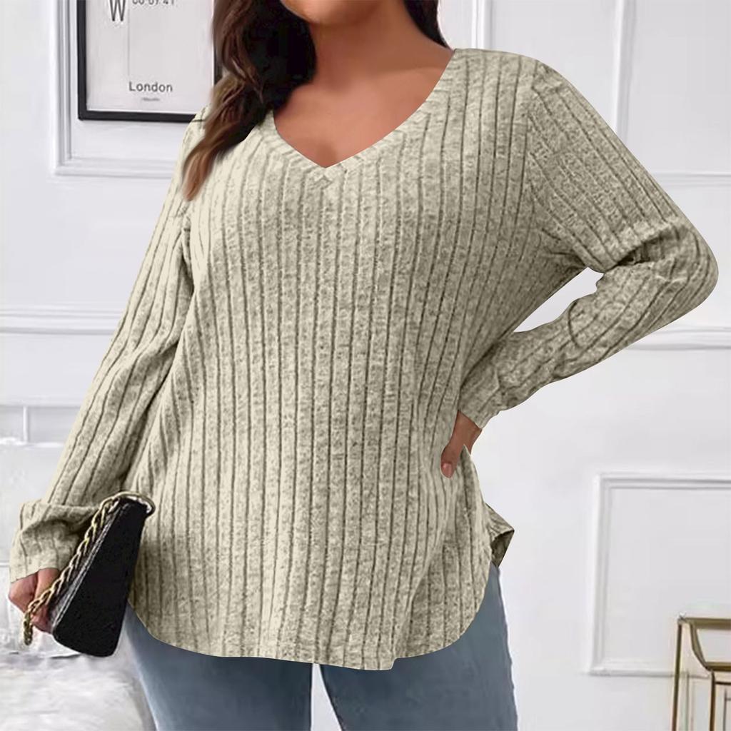 Damen und Winter, einfarbig, Übergröße, Damenoberteile, V-Ausschnitt, lange Ärmel, gestreift, gewalkt, lockerer Pullover, T-Shirt