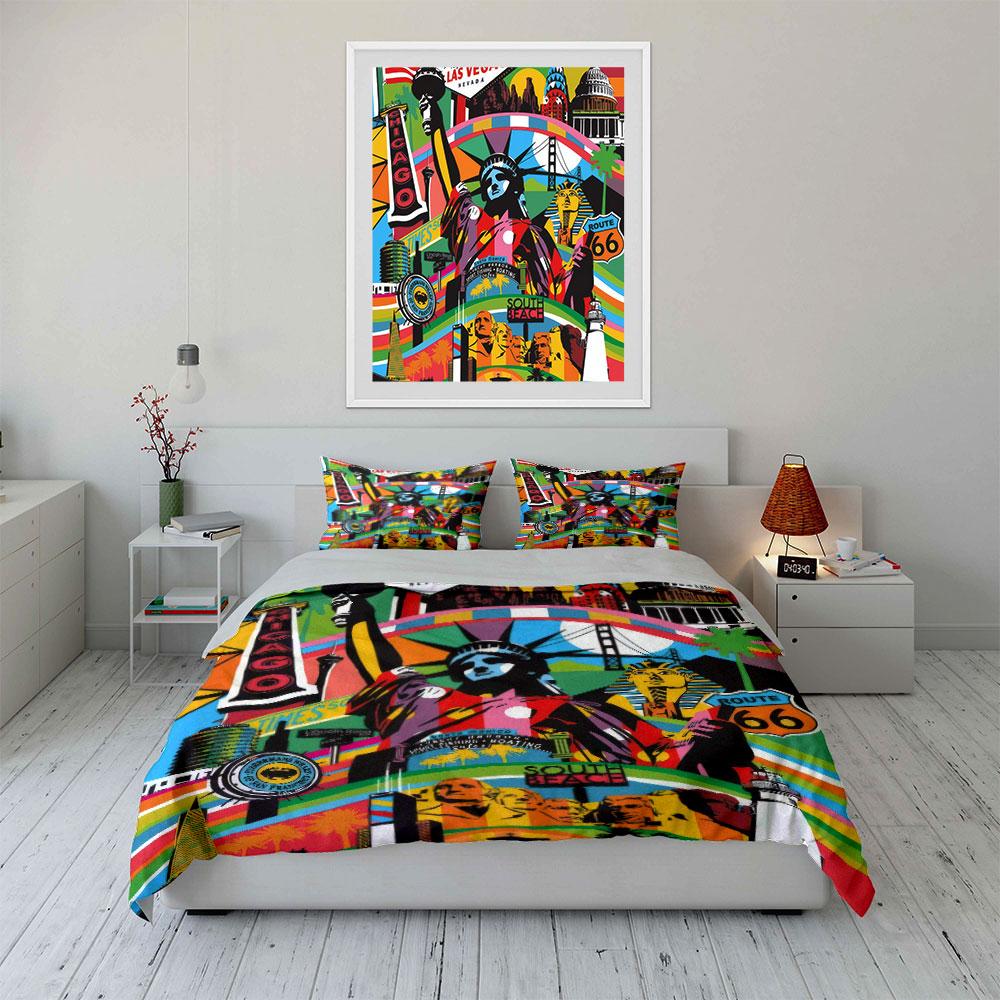 "USA Landmarks Travel Decor Set" Soft Skin-Friendly Bedding Set Includes 1 Duvet Cover And 2 Pillowcase Gift