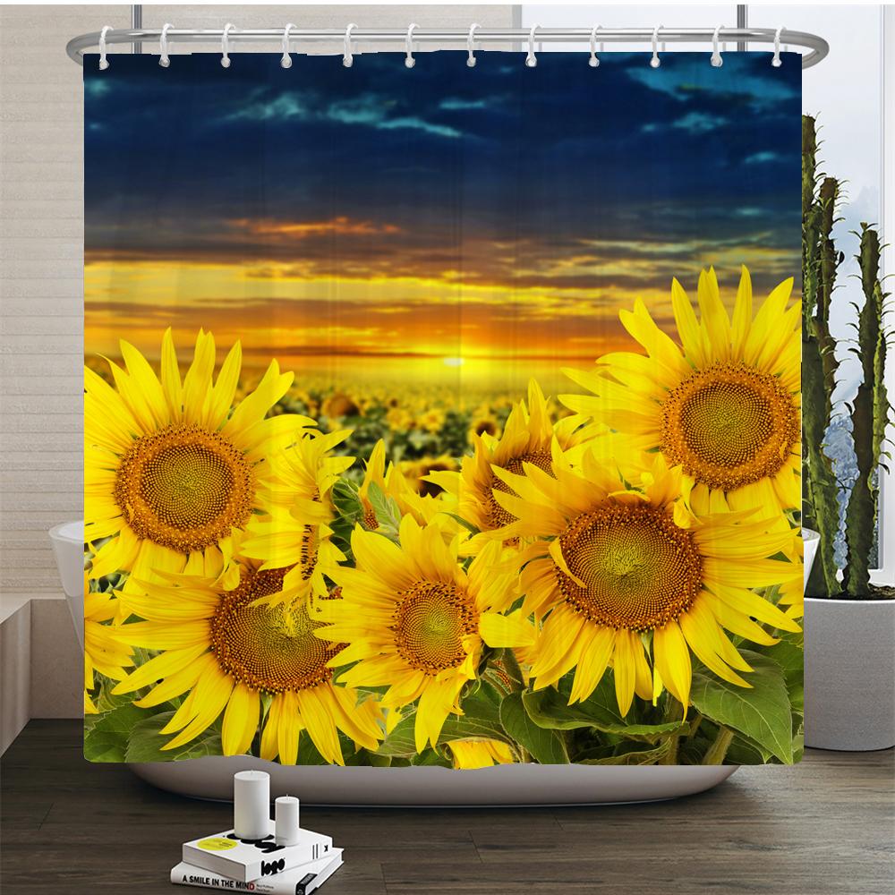 3d Sunflower Yellow Flowers Shark Shower Curtains Bathroom Waterproof Bath Curtain Polyester Cloth With Hooks Decor Bath Screen