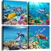 Canvas Wall Art for Living Room- Family Bedroom Canvas Pictures Artwork Bathroom Wall Decor- 4 Panels Coral and Sea Fish and Turtles Ocean Theme