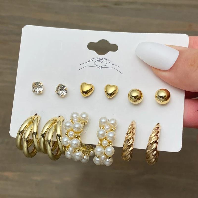 IF ME Korean Butterfly Pearl Stud Earrings Set Fashion Geometry Zircon Hoop Earring Women Jewelry Accessories
