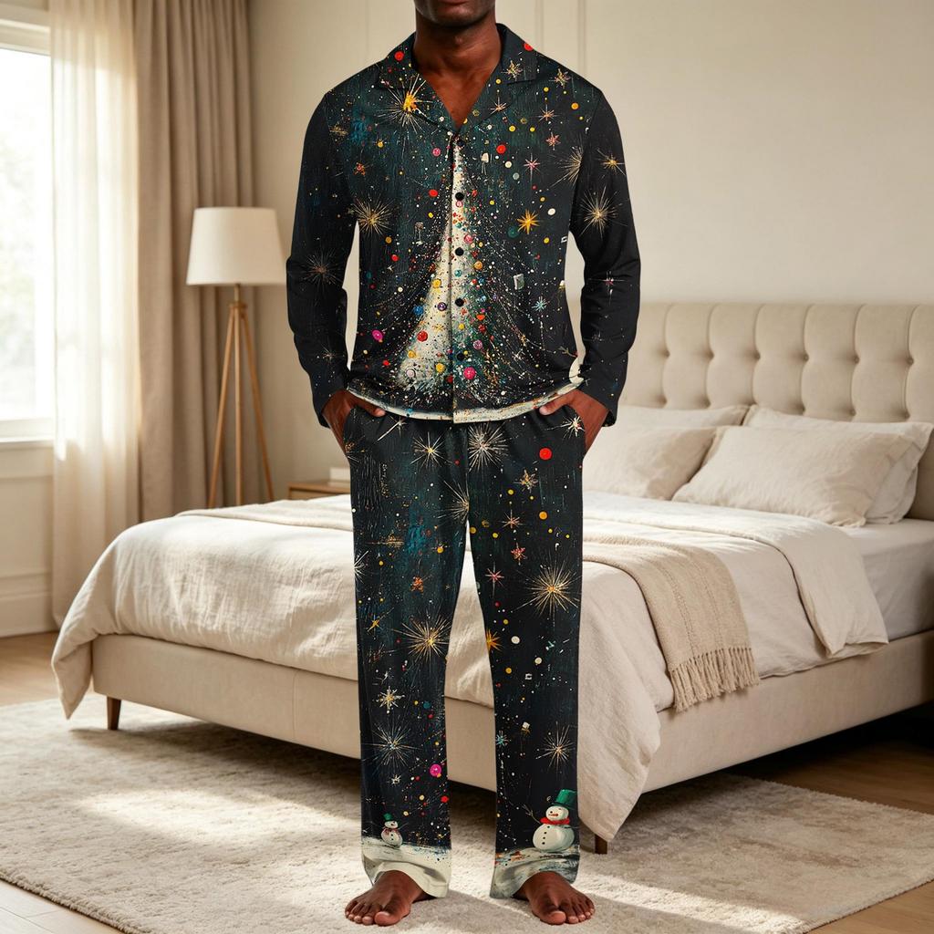 Men's Loose Fit Christmas Print Pajama Set with Button Down Top and Straight Leg Pants - Two Piece Holiday Sleepwear