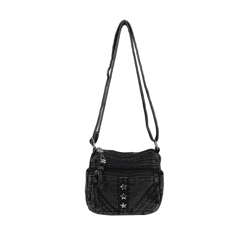 Retro Denim Crossbody Bag Multi Pocket Shoulder Purse with Star Decoration