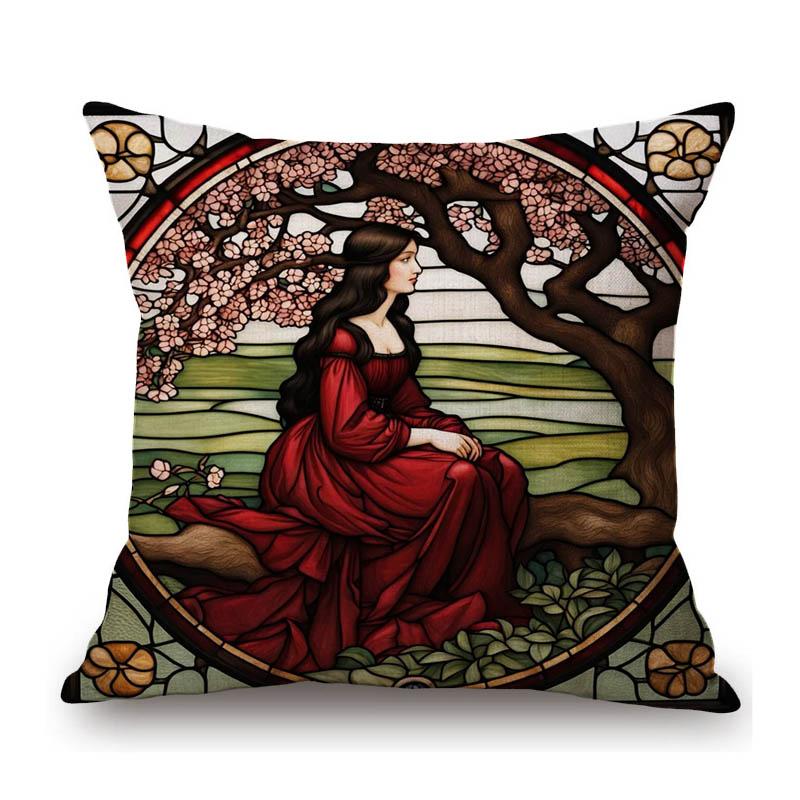 Renaissance Pre-Raphaelitism William Morris Round Stained Glass Window Elegant Lady Girl Decoration Pillow Case Cushion Cover