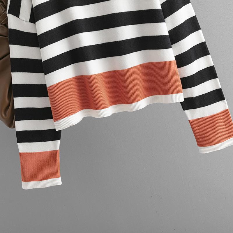 2024 Autumn/Winter Plus Size Women's Striped Knit Sweater - Long Sleeve Round Neck Top