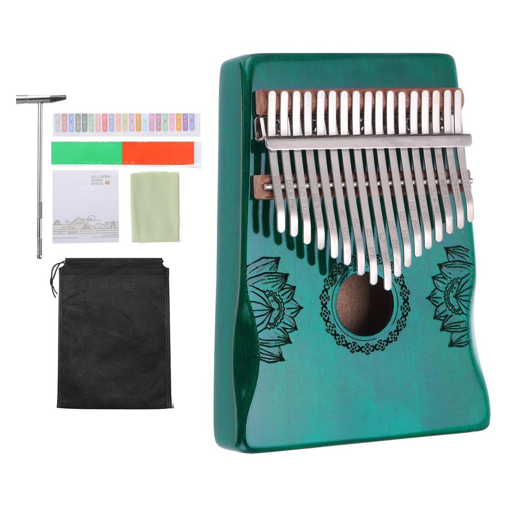 Uxcell 17-Key Thumb Piano, Blue Mini Portable Finger Piano with Solid Koa Wood Floral Handrail, Tuning Hammer, and Music Notebook, Gift for Adults