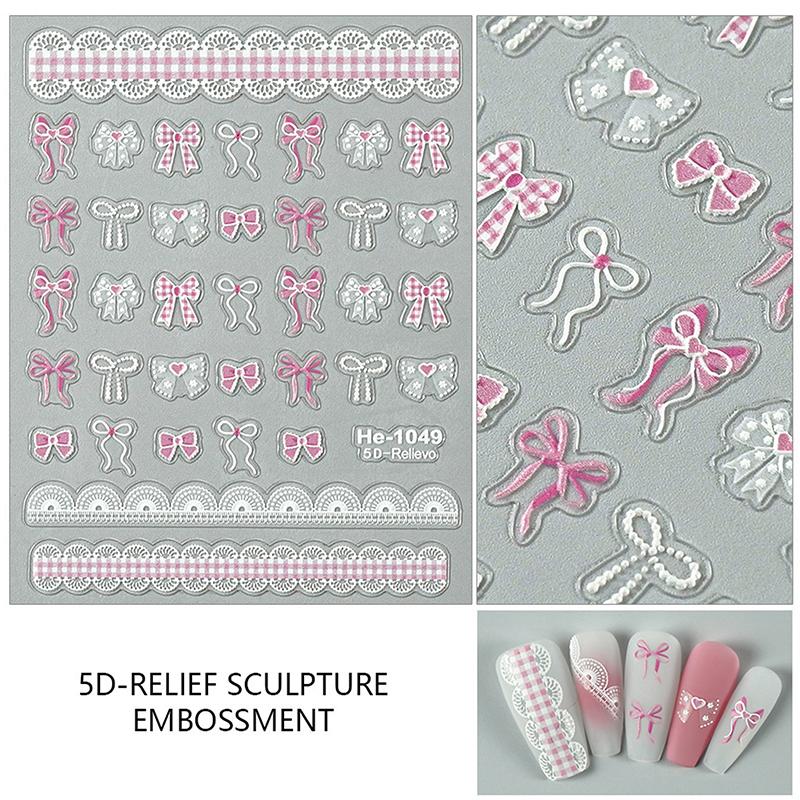 1Pc 5D Relief Kawaii Lace Nail Art Stickers Pink Bow Heart Self-Adhesive Nail Decals DIY Manicure Accessories