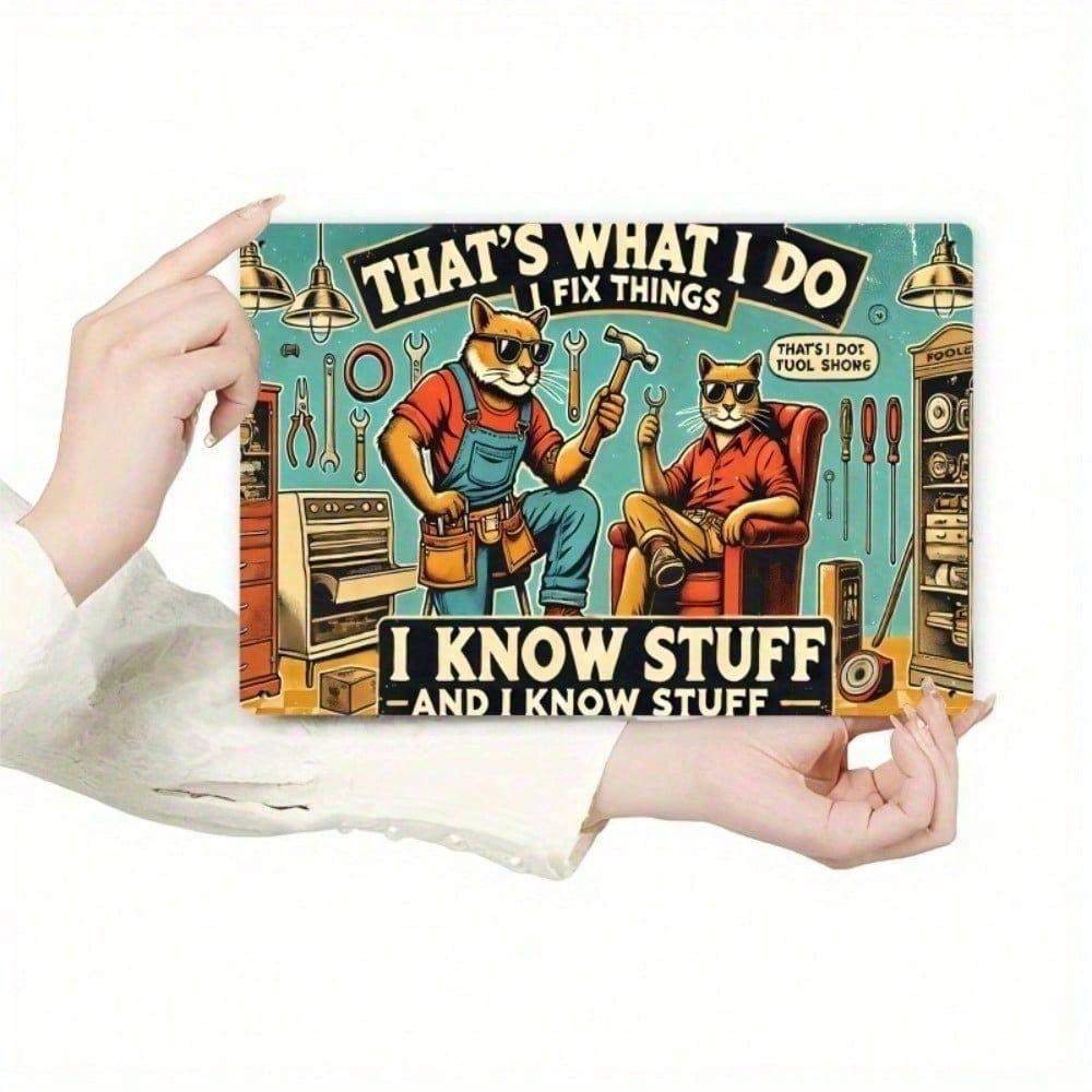 YEAHTEAM Metal Tin Sign I Fix Things I Know Stuff Funny Mechanic Wall Art for Garage Man Cave Bar Decor