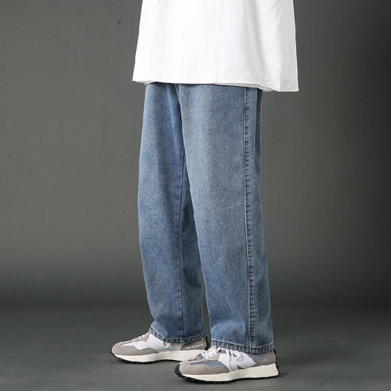 New Korean Men's Casual Long Jeans Classic Man Straight Denim Wide-leg Pants Solid Color Baggy Male Student Trousers