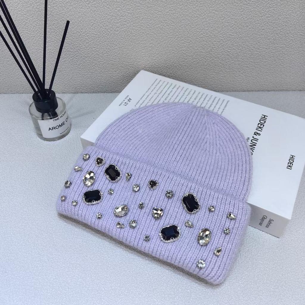 Rhinestone Rabbit Wool Hat for Women In Autumn and Winter White Big Head Knitted Hat Showing Face Small Northeast Wool Hat Cold Hat
