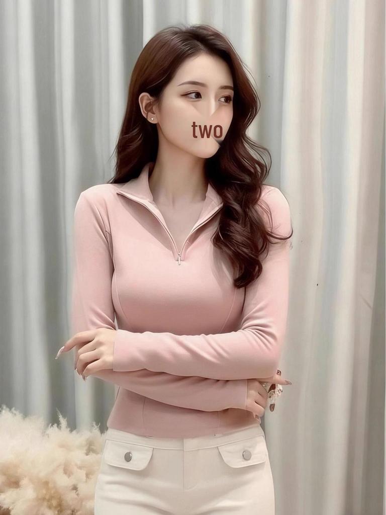 Women's Slimming Half-Zip Lapel T-Shirt - American Minimalist Style for Autumn/Winter