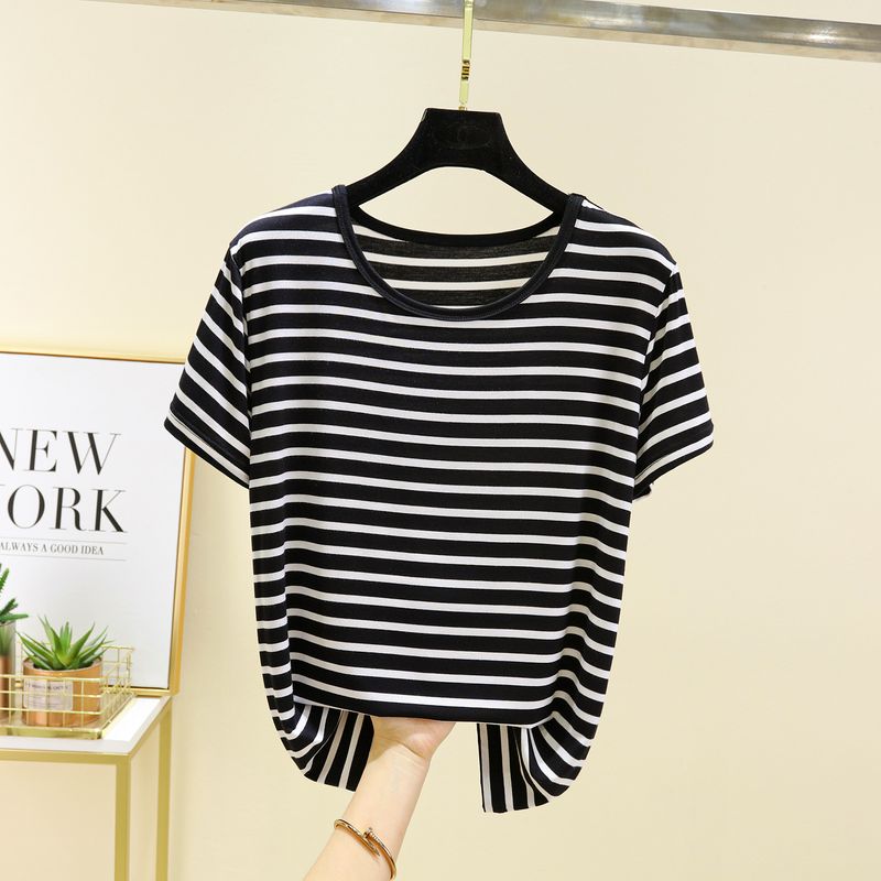 

Модальная полосатая футболка с коротким рукавом Женская летняя верхняя одежда больших размеров Утягивающая футболка с полурукавом Вязаная базовая футболка Нижнее белье Футболка Топы Black XL (60.00 kg-70.00 kg recommended