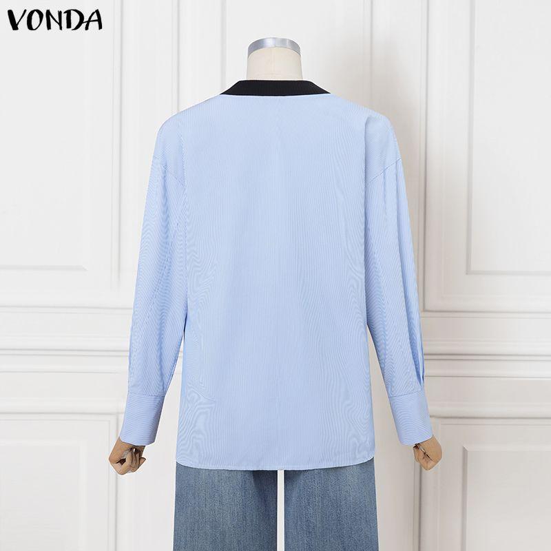 VONDA Autumn Women V Neck Long Sleeve Ribbed Striped Patchwork Casual Loose Blouse