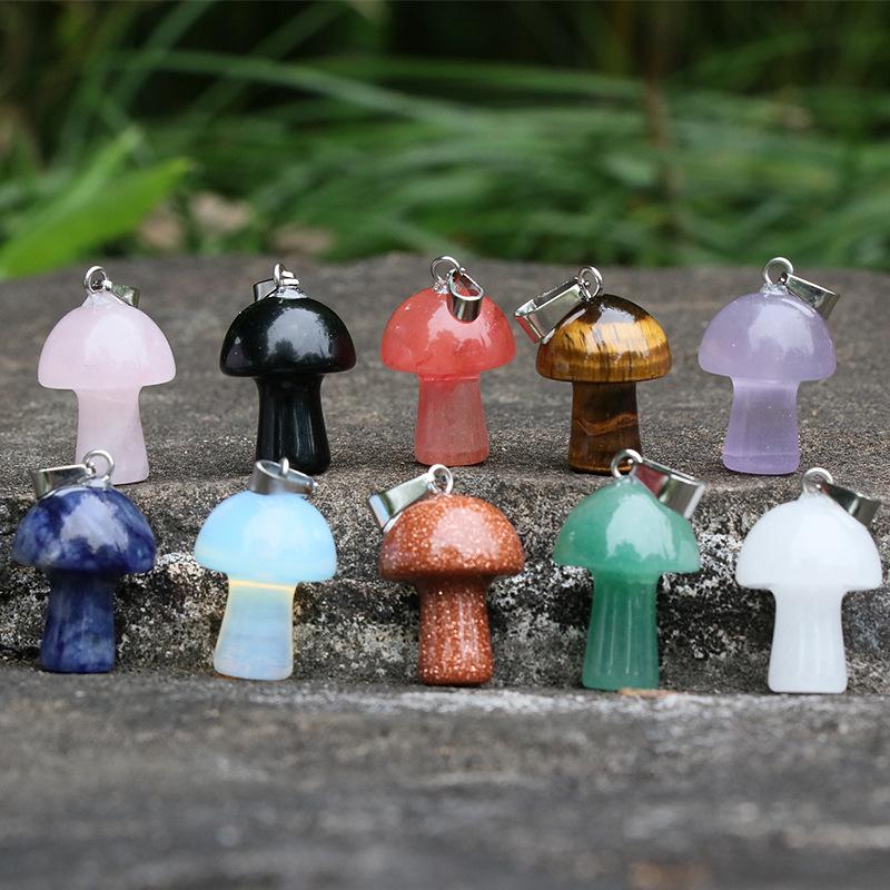 2cm Natural Crystal Jade & Pink Tiger Eye Mushroom Necklace Pendant