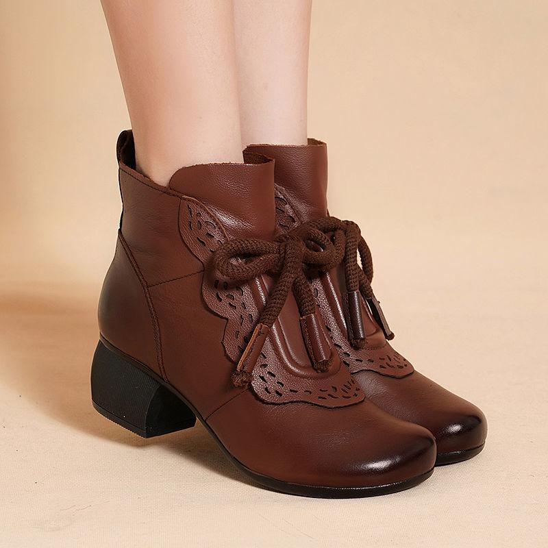 Fashion Elegant with Medium Heels Round Toe Ankle Boots for Women Leather Fleece-Lined Woman Short Shoes Autumn Winter New Rock Booties