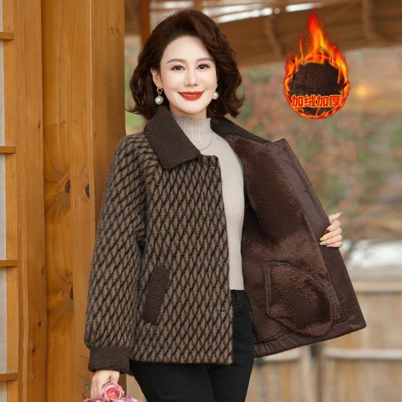 

Autumn and winter velvet plaid imitation mink velvet jacket medium women s winter cotton clothes short woolen top 5XL [Recommended 150-80 kg]