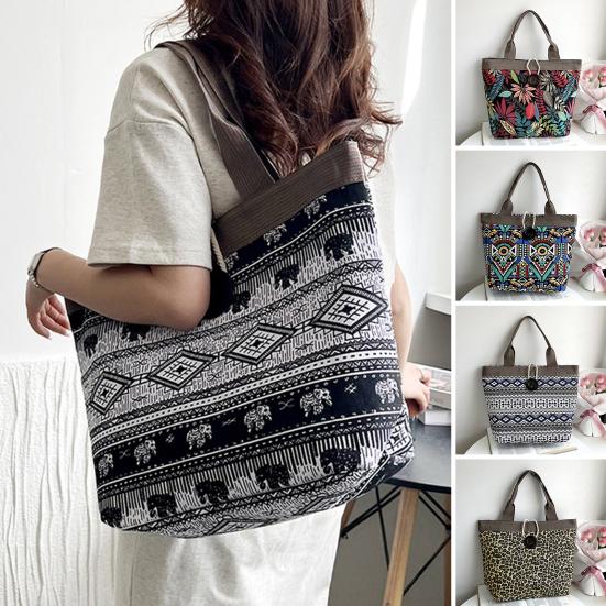 Canvas Bag Ethnic for Women Style Pattern Shoulder Bag Retro Casual Tote Handbag Splicing