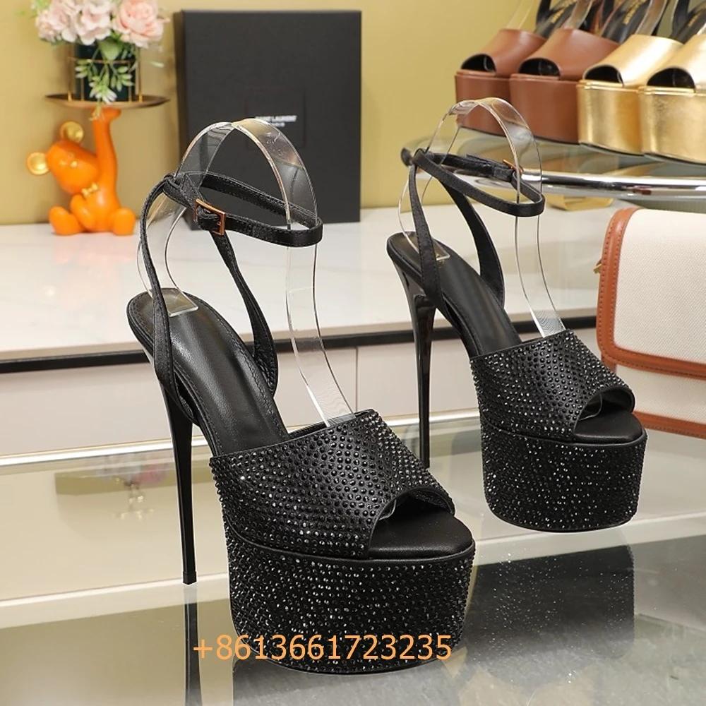

Fashion Rhinestone Color Diamond Bling Bling Women Sandals Peep Toe Platform Thin High Heels Ankle Strap Slingback 15.5Cm Newest Sandals 42