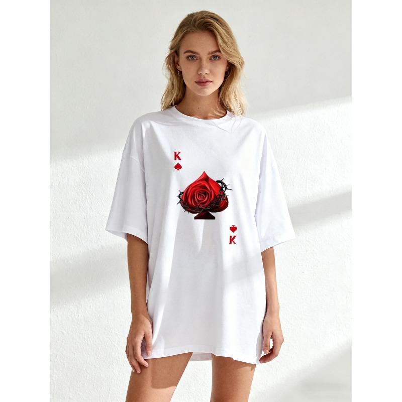 Oversize Women's Short-Sleeve T-Shirt with Red Rose & Black Thorns "K of Hearts" Poker Element Print