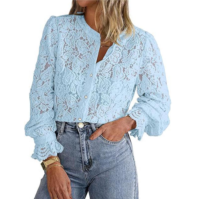 Ladies Spring Summer Hollow Lantern Sleeve All Match Blouse Lace Shirt Top
