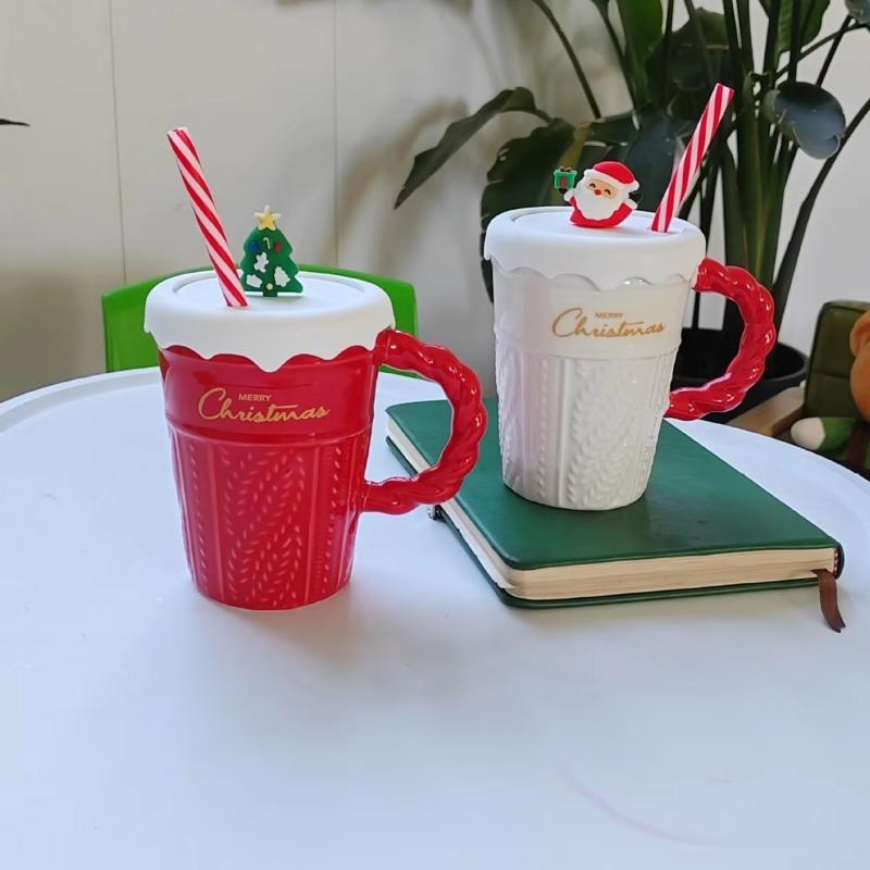 Creative Christmas Mug Christmas Tree Ceramic Water Cup High-end with Lid Straw Ceramic Cup