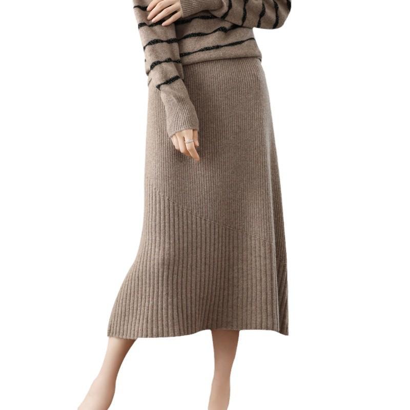 Falda midi de rayas para mujer 100% lana pura: Versátil, Adelgazante, Cintura Alta, Ajustado a las Caderas, Largo hasta la Rodilla, Punto de Cachemira.