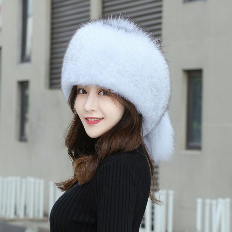 New winter fox fur hat Women genuine fur bomber hat Luxury fashion warm hat thickened outdoor genuine fox fur caps