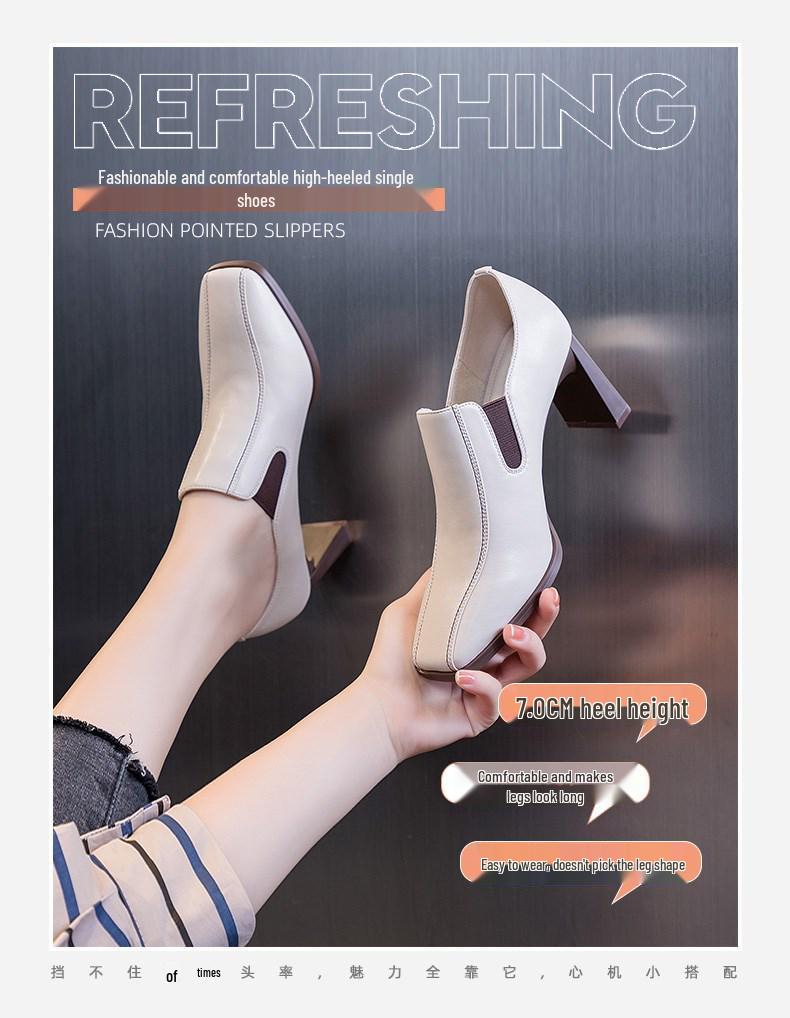 Women's Fashion Chunky Heel Slip-On Square Toe High Heels - British Style Leather Shoes for Autumn/Winter 2025