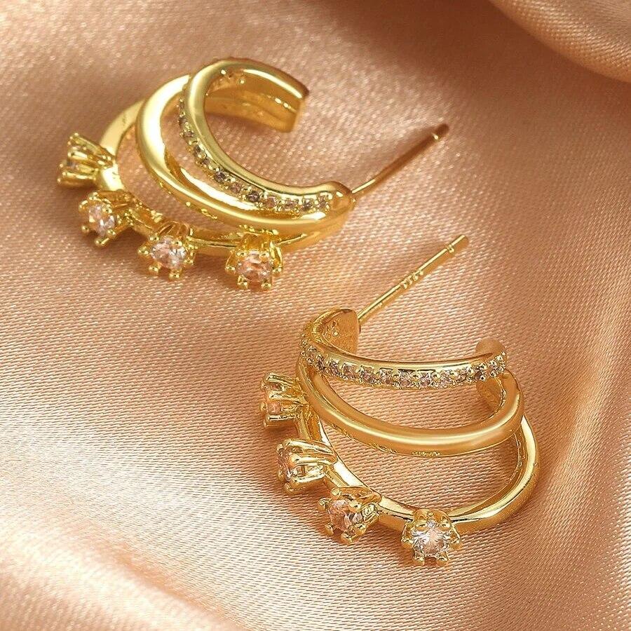 Elgeant Three Layer Tiny Stud Earrings For Women Shiny Multicolor Square Cubic Zircon Sweet Earring ExquisiteParty Jewelry