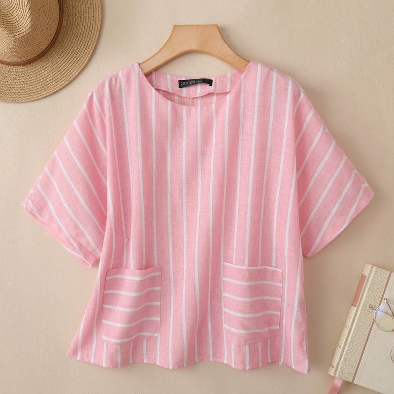 ZANZEA Women Casual Round Neck Loose Half Sleeve Stripe Blouse S розовый