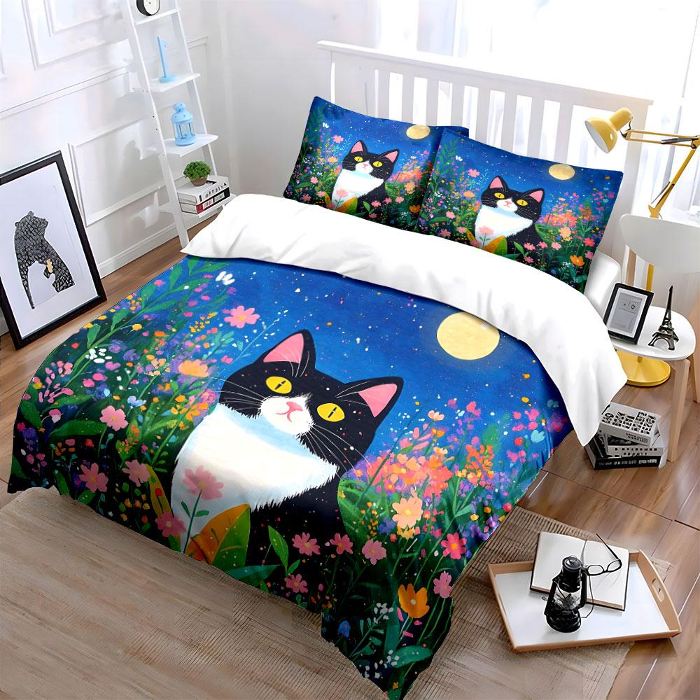 Black Cat and Red Fish Design Bedding Duvet Cover Set Duvet Cover Pillowcases  (1*Duvet Cover 2*Pillowcases, without duvet insert)